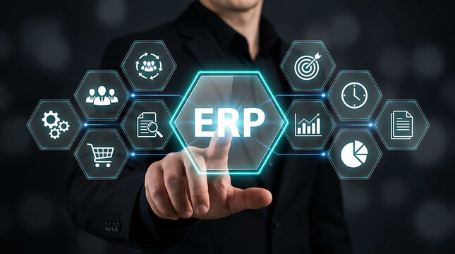Businessman pointing at ERP enterprise resource planning software system icons