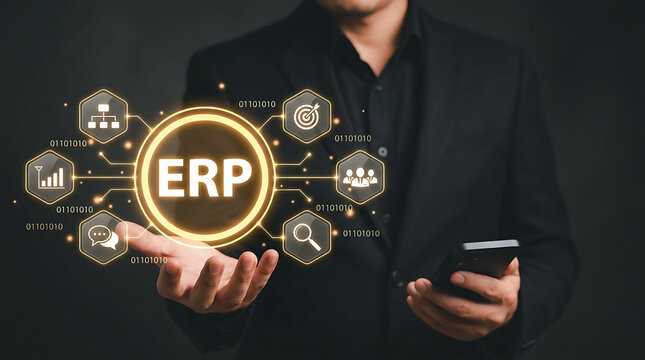 Businessman holding virtual ERP enterprise resource planning icon concept