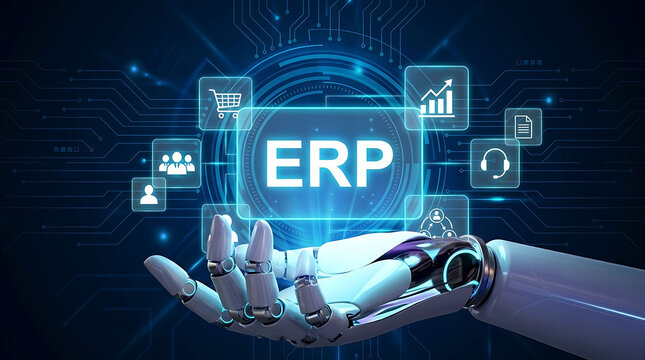 ERP Enterprise Resource Planning system software concept with robot hand automation
