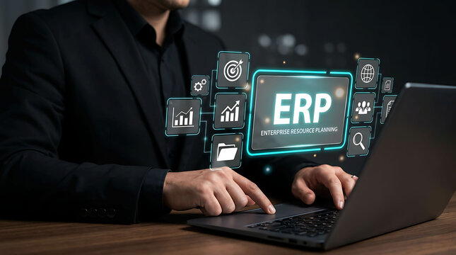 Businessman using laptop with ERP enterprise resource planning software interface