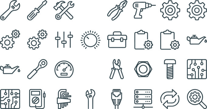 Industrial Maintenance and Repair Tool Line Icon Set with Screwdriver Wrench Drill Gear and Technical Support Symbols for Engineering Apps and Websites