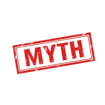 Myth red rubber stamp icon, distressed vintage myth text mark on white background, grunge style fact checking and debunking graphic element