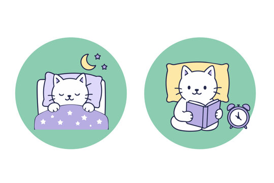 Cute cats getting ready for bed, vector icon badges for sleep meditation 