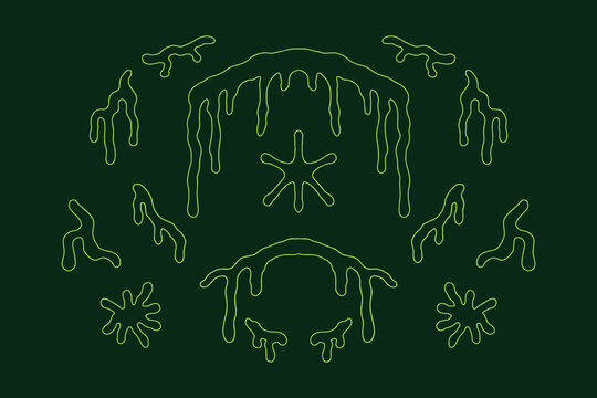 Minimalist green outline slime drip arrangement template. Thin lime green lines forming a toxic melting puddle crest with a star center on a dark green backdrop