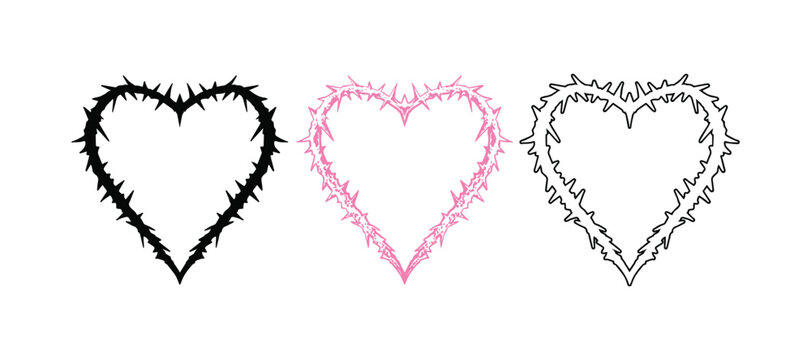 Edgy barbed wire heart frames graphic asset collection. Trio of alternative goth style thorned heart outlines in black and pink isolated on a white backdrop