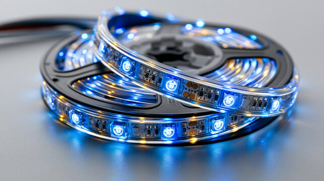 A thin strip of blue LED light ribbon, unlit, isolated on pure white background, soft studio lighting, strictly shadowless, highly detailed, high quality medium format camera,