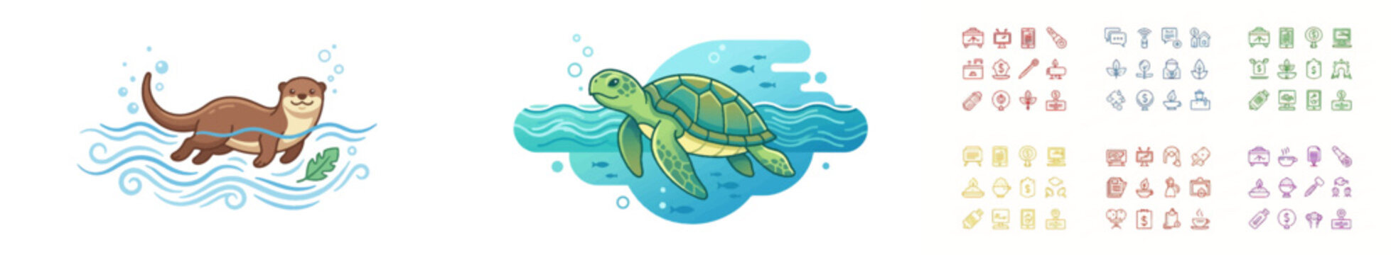 Cartoon otter and sea turtle swimming with icons of marine conservation and services