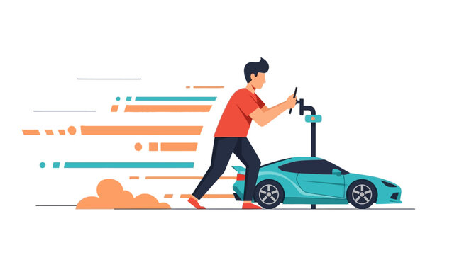Man pushing a modern teal sports car with speed lines, representing automotive performance, mobile app car control, and innovative vehicle maintenance service illustration.