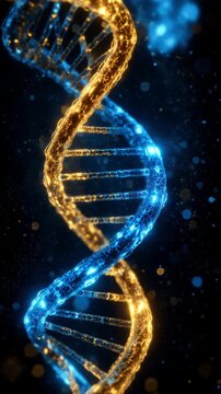 DNA double helix strand glowing and rotating in dark fluid, futuristic genetics and biotechnology science concept, microscopic medical research 3D animation