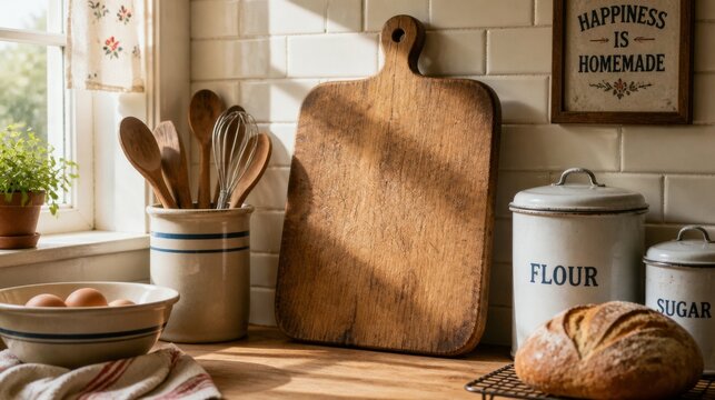 Retro kitchen breadboard standing with jars loaf and utensils in nostalgic home corner
