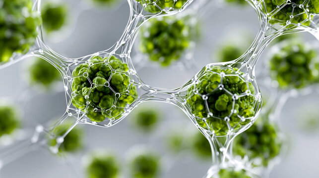 minimal futuristic biomaterial structure, soft green organic cores wrapped in transparent elastic membrane network, delicate white molecular lines, pale gray background, clean prem