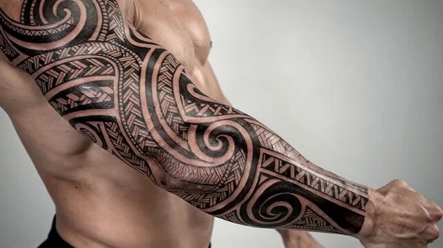 Close-up of intricate Polynesian tribal tattoo on a muscular arm