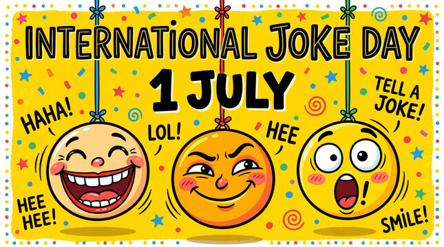 International joke day 1 july celebration with three funny yellow emoji faces