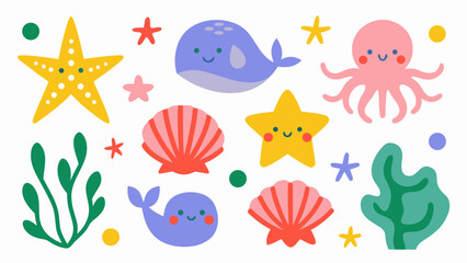 Obraz premium Sea life icons set, cute flat ocean animals and shells for kids nursery branding and web design