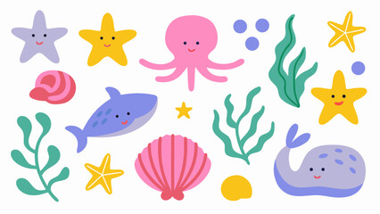Obraz premium Sea life vector set, cute ocean animal illustration for kids nursery design and branding