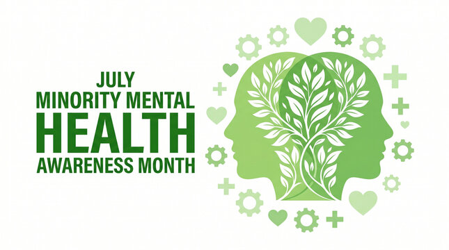 July minority mental health awareness month banner with green tree head