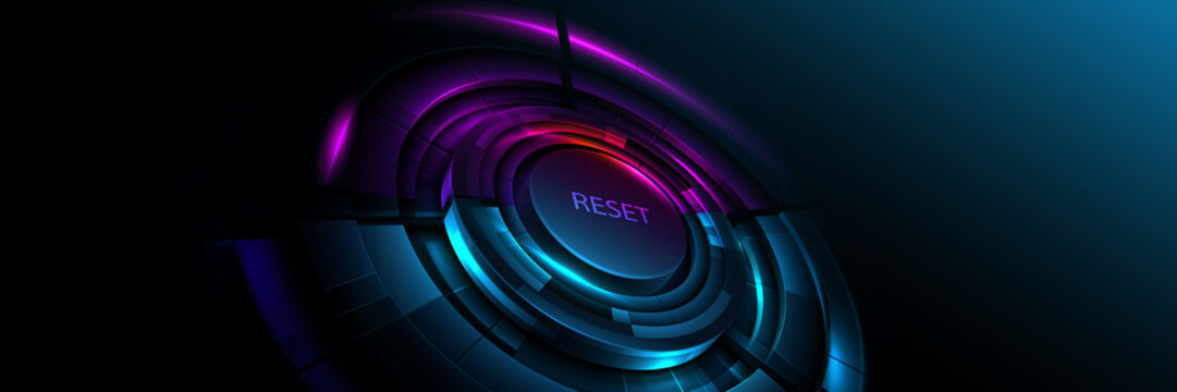 blue glowing reset button on metallic background, neon power reset switch technology concept, futuristic blue reboot button
