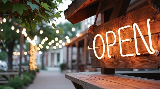 A wooden open sign with a string of lights in the background on a sidewalk outside a restaurant or cafe