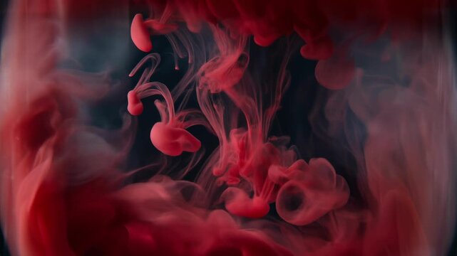 Red ink swirling and mixing in dark water creating abstract fluid patterns with smoke-like effects