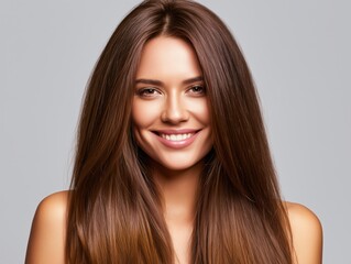 Fototapeta premium Beautiful woman with long smooth brown hair after nanoplasty treatment. Healthy shiny straight hair care concept on grey background