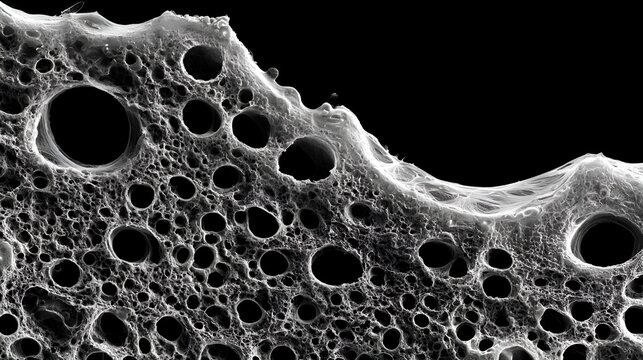 Abstract microscopic porous texture with numerous holes against a dark background, showing intricate detail and cellular-like structure