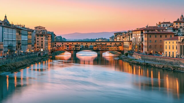 River View With Arched Bridges At Sunset