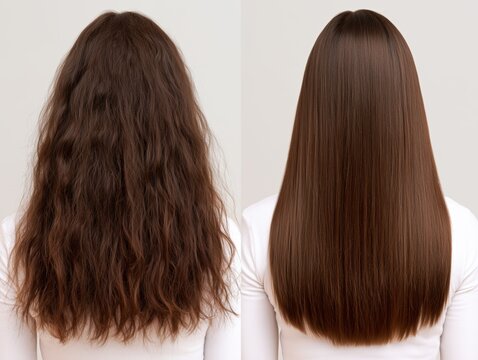 Before and after nanoplasty hair treatment comparison. Frizzy dry hair transformed to smooth straight shiny healthy hair on white background.