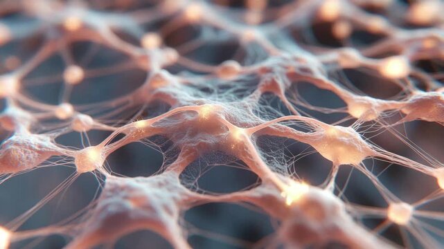 Close view of glowing neural cells in soft abstract style on dark background, concept of connectivity and biological communication