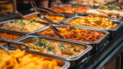 Obraz premium Colorful Buffet of Various Dishes with Rice, Naan, and Rich Curries in a Stainless Steel Display