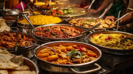 Obraz premium Colorful and Tempting Spread of Exotic Dishes in a Bustling Food Market at Night