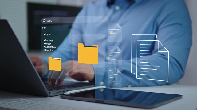 Professional businessman managing digital documents with folders on screen. Document management system (DMS), data security, secure files, and workflow automation concept.