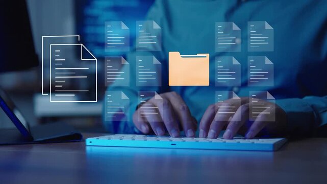 Professional businessman managing digital documents with folders on screen. Document management system (DMS), data security, secure files, and workflow automation concept.