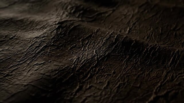 Close up cinematic view of an undulating dark textured surface resembling ancient parchment or weathered fabric aged, industrial, crinkled
