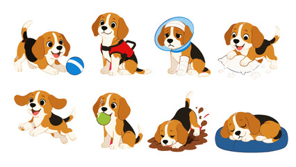 Obraz premium Cartoon beagle dog set with playful and resting poses