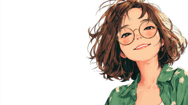 A cartoon woman with brown hair and glasses smiles on isolated white background