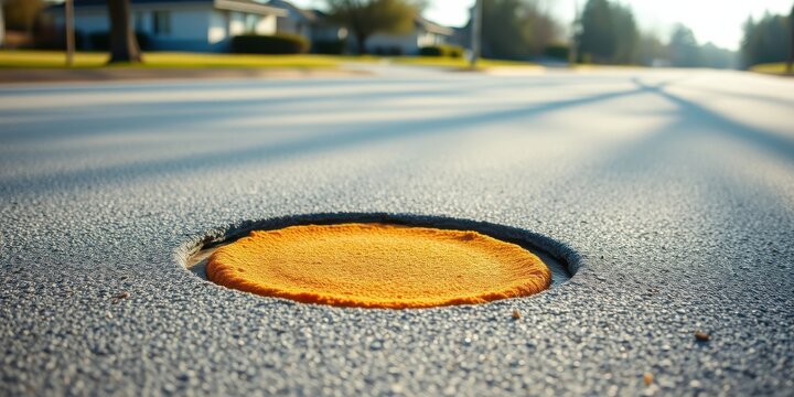 Close-up view of a vibrant orange textured patch filling a pothole on a residential street