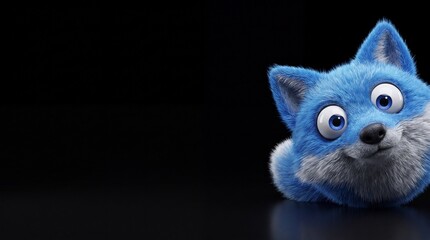 Obraz premium Cute blue furry cartoon fox peeking from the corner of a black background with copy space, creating a playful, friendly, and curious mood for creative kids designs, web banners, and cute promotionals.