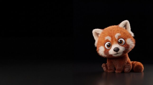 Cute red panda cartoon character sitting on dark studio background for creative design projects, featuring an adorable baby animal mascot illustration with fluffy fur, big eyes, and copy space on left