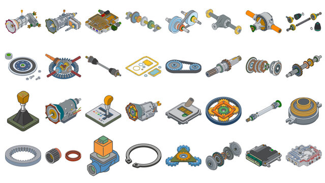 Isometric Illustrations of Automotive Transmission Parts and Mechanical Components