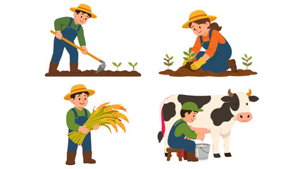 Fototapeta premium Set of farmers planting seedlings, harvesting grain, and milking cow