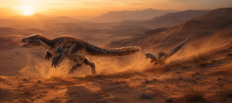 Two feathered theropod dinosaurs sprinting across windswept desert dunes at golden sunset, kicking up dust as they chase across arid valleys and distant mountain silhouettes.