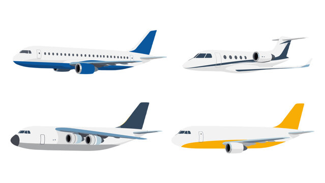Set of four passenger airplane side view vector illustrations