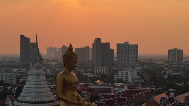 Wat Paknam Phasi Charoenwith river historic  popular site aerial view sunset sky cloud Bangkok city Thailand
