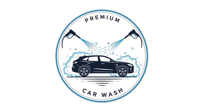 Vibrant automotive detailing logo illustrating a sleek car being expertly washed with powerful water sprays and rich foam for ultimate shine