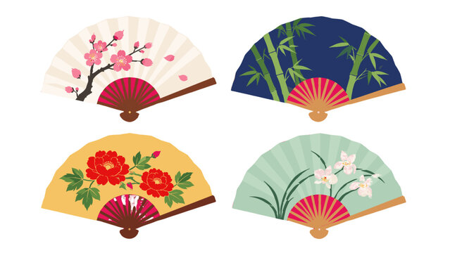 Set of four decorative folding fans with floral bamboo designs