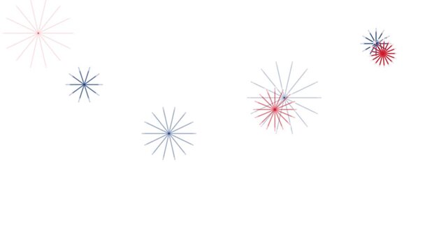 Patriotic USA background animation featuring minimalist red and blue vector line fireworks popping over a clean white backdrop, creating a festive holiday celebration template with copy space