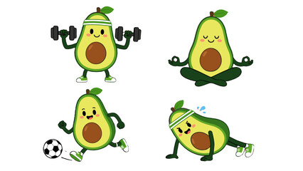 Fototapeta premium Cute avocado cartoon characters doing fitness and sports activities