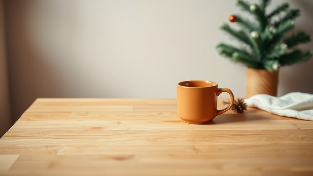 A warm autumnal scene of a cozy mug on a light wood table with a small fir tree in the background