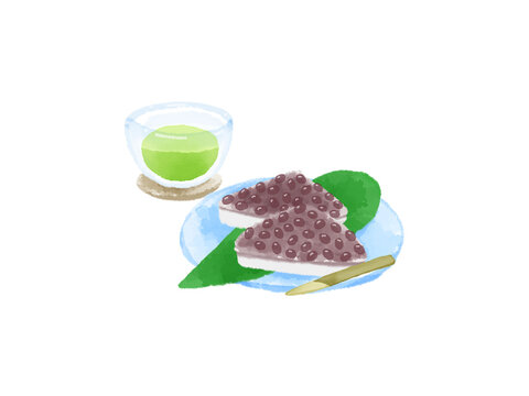6月の和菓子の水無月と冷たい緑茶　水彩風イラスト