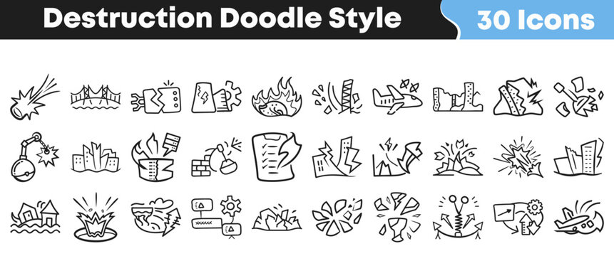 Hand drawn doodle style icons depicting destruction and various disasters